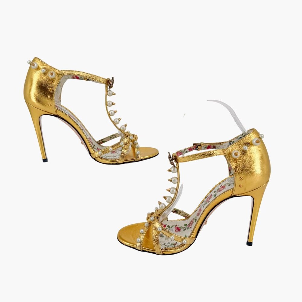 Gucci Regina Metallic Gold Pearl Studded T-Strap Heels Bee GG Size 37.5 US 7.5 - Picture 11 of 15